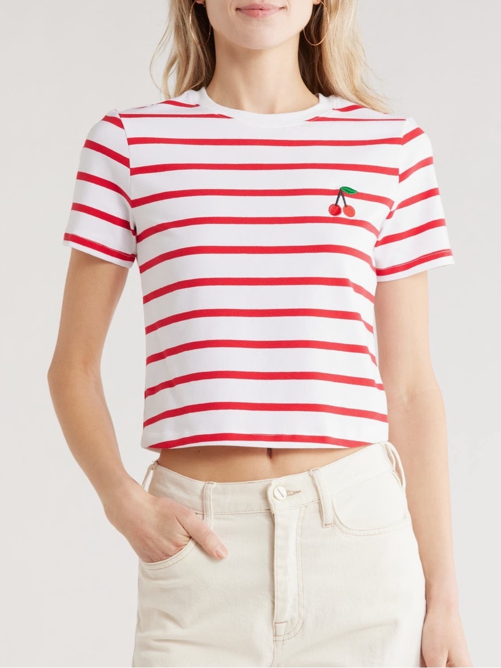 French Connection White and Red Striped Cropped Tee